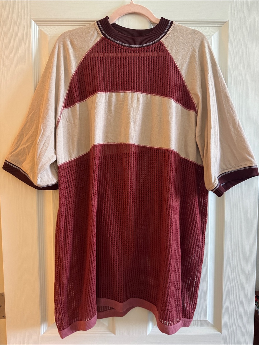 silence + noise Maroon and Cream Mesh Raglan Short Sleeve Oversized Top